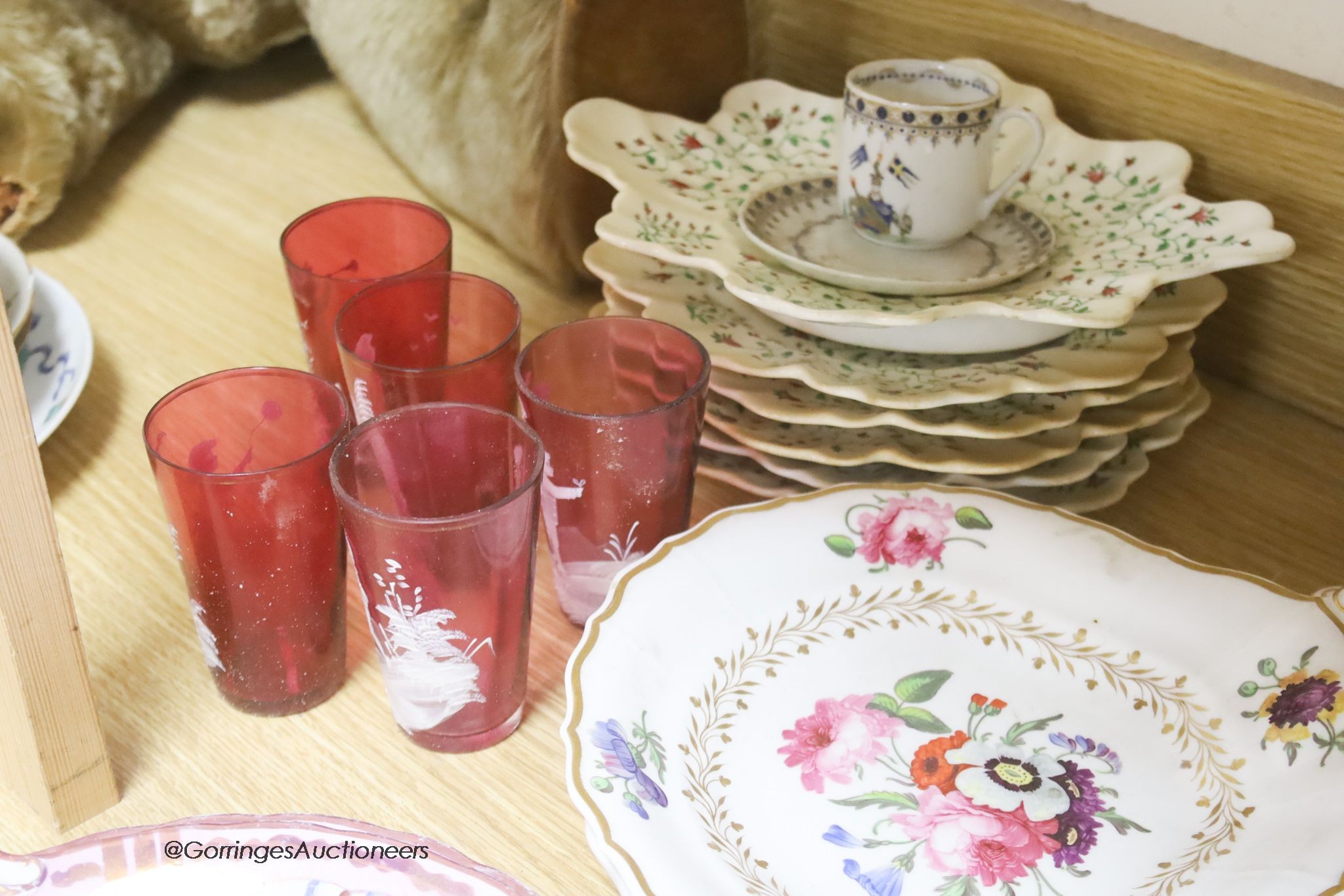 A Delft polychrome plate, two Coalport dishes, a dessert set, two lustre dishes and five cranberry glasses